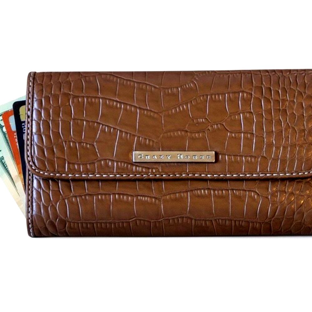 VTG Crazy Horse Alligator Trifold Wallet Faux Leather Croc Textures Checkbook